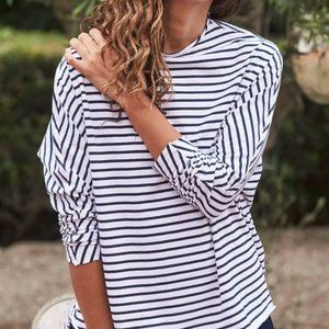 Frank & Eileen Long Sleeve Funnel Neck Tee in White/Navy Stripe -- Size M